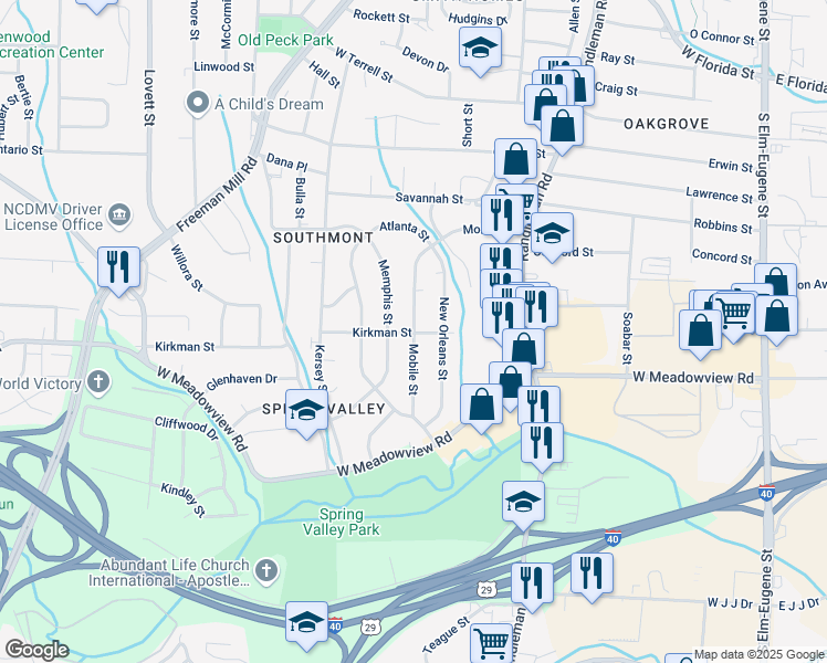 map of restaurants, bars, coffee shops, grocery stores, and more near 699 Mobile Street in Greensboro
