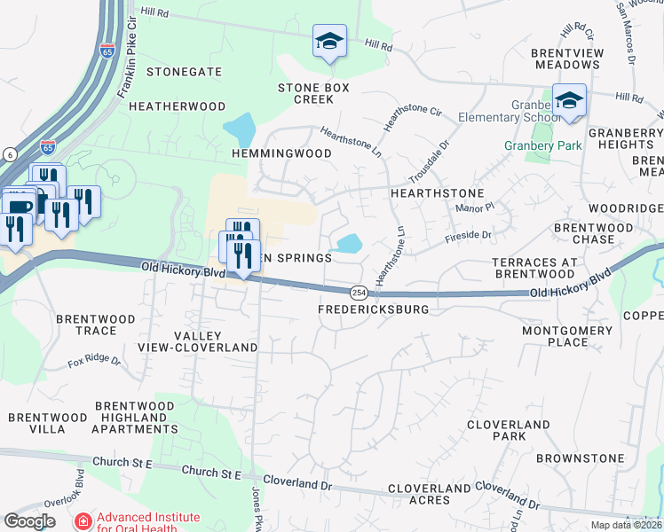 map of restaurants, bars, coffee shops, grocery stores, and more near 107 Hearthstone Manor Circle in Brentwood