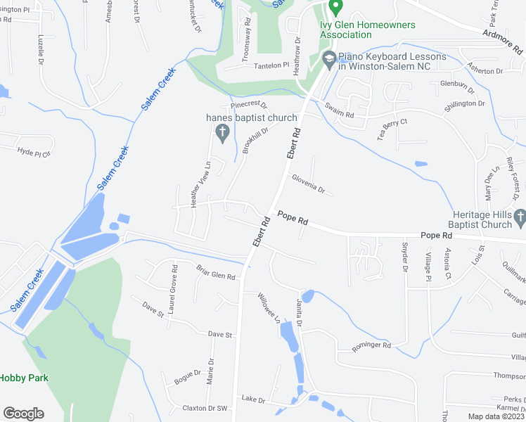 map of restaurants, bars, coffee shops, grocery stores, and more near 3800 Ebert Road in Winston-Salem