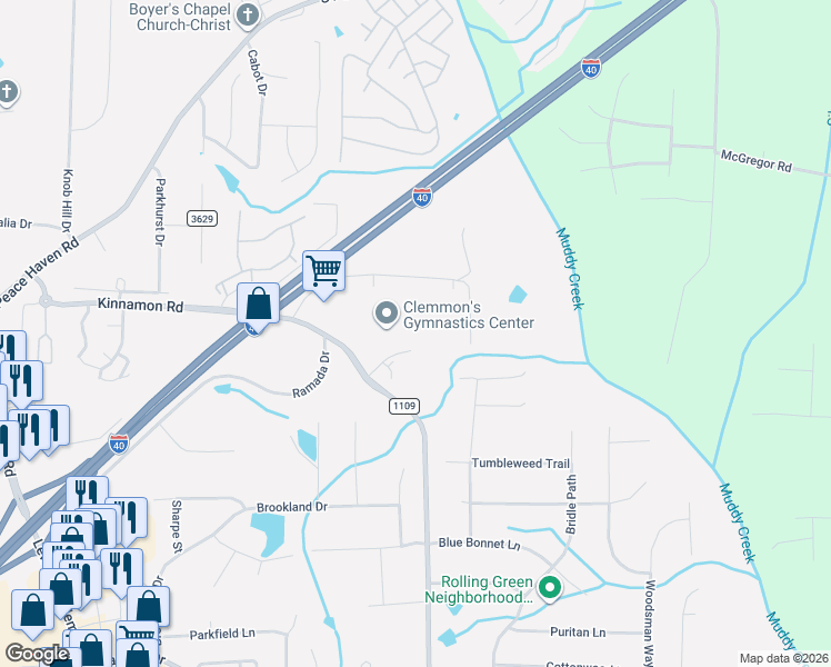 map of restaurants, bars, coffee shops, grocery stores, and more near 6220 Hacker's Bend Court in Winston-Salem