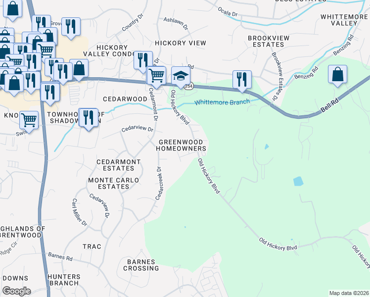 map of restaurants, bars, coffee shops, grocery stores, and more near 2001 Green Timbers Drive in Nashville