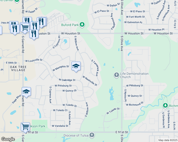 map of restaurants, bars, coffee shops, grocery stores, and more near 1216 South Umbrella Avenue in Broken Arrow