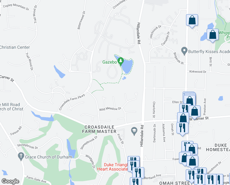 map of restaurants, bars, coffee shops, grocery stores, and more near 20 Twinleaf Place in Durham