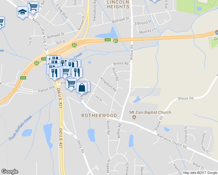 map of restaurants, bars, coffee shops, grocery stores, and more near 1312 Kingsport Road in Greensboro