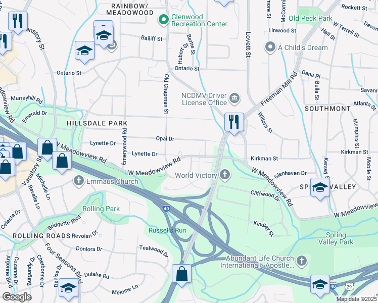 map of restaurants, bars, coffee shops, grocery stores, and more near 1320 West Meadowview Road in Greensboro