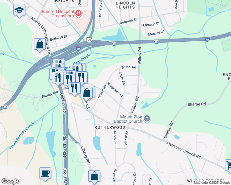 map of restaurants, bars, coffee shops, grocery stores, and more near 1312 Kingsport Road in Greensboro