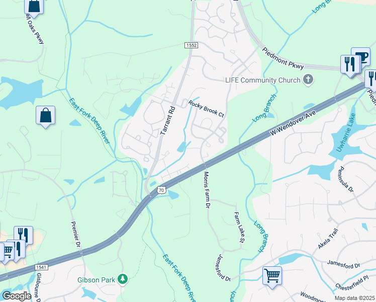 map of restaurants, bars, coffee shops, grocery stores, and more near 4301 River Rock Point in Greensboro