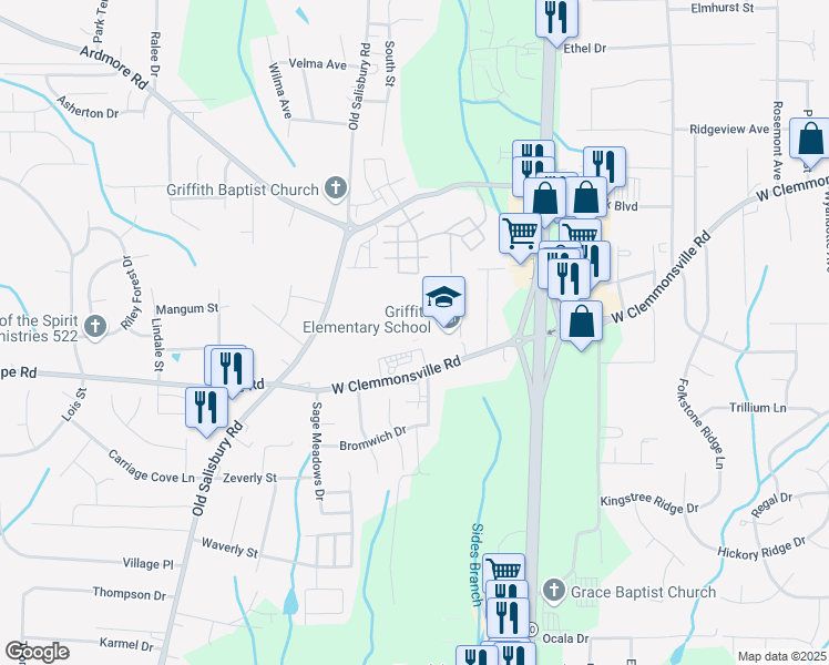 map of restaurants, bars, coffee shops, grocery stores, and more near 1385 West Clemmonsville Road in Winston-Salem