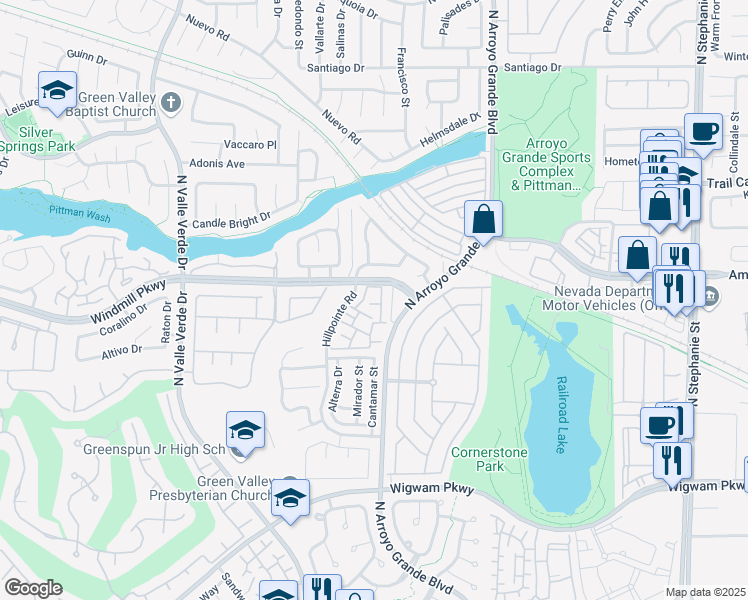 map of restaurants, bars, coffee shops, grocery stores, and more near 1851 Hillpointe Road in Henderson