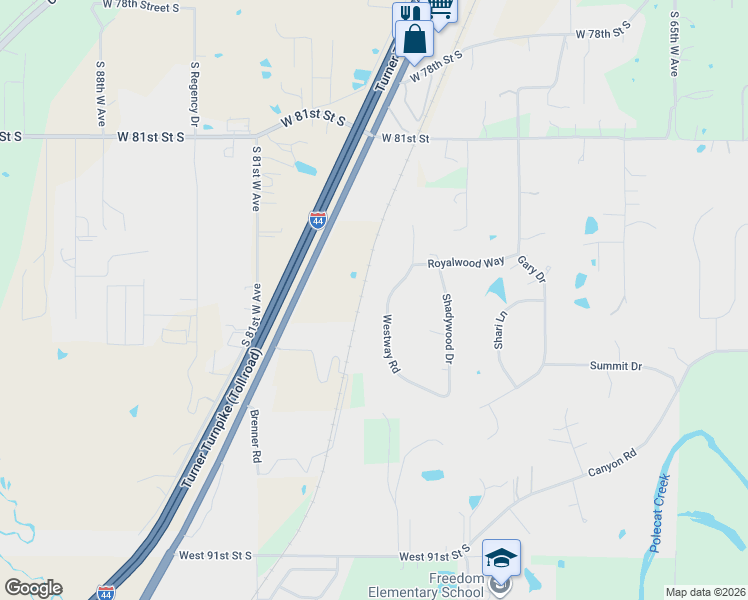 map of restaurants, bars, coffee shops, grocery stores, and more near 8460 Westway Road in Tulsa