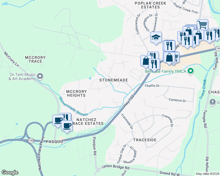 map of restaurants, bars, coffee shops, grocery stores, and more near 5117 Millbrook Drive in Nashville