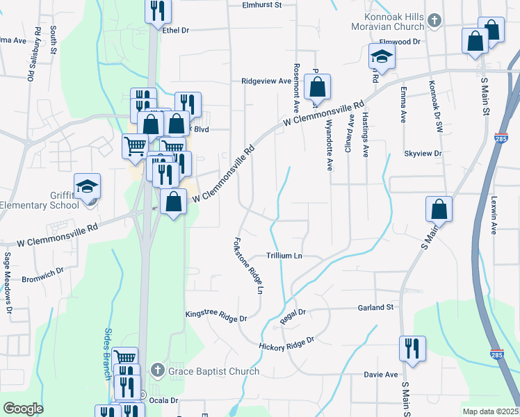 map of restaurants, bars, coffee shops, grocery stores, and more near 3680 Fiddlers Glenn Court in Winston-Salem
