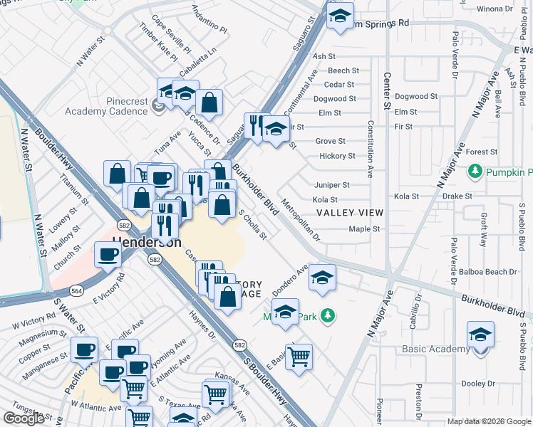 map of restaurants, bars, coffee shops, grocery stores, and more near 185 Belmont Canyon Place in Henderson