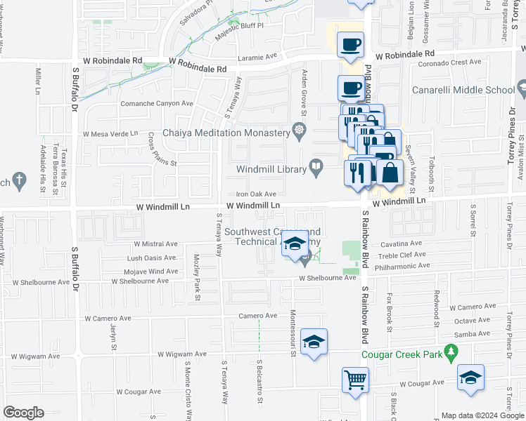 map of restaurants, bars, coffee shops, grocery stores, and more near 7227 West Windmill Lane in Las Vegas