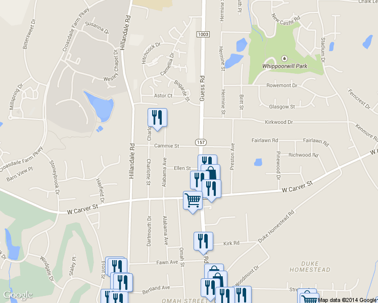 map of restaurants, bars, coffee shops, grocery stores, and more near in Durham