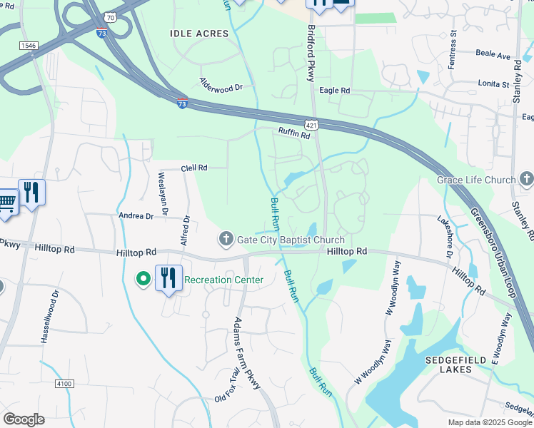 map of restaurants, bars, coffee shops, grocery stores, and more near 5234 Hilltop Road in Jamestown