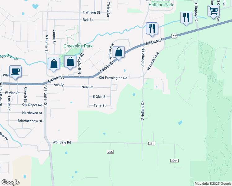 map of restaurants, bars, coffee shops, grocery stores, and more near 197 East Glen Street in Farmington