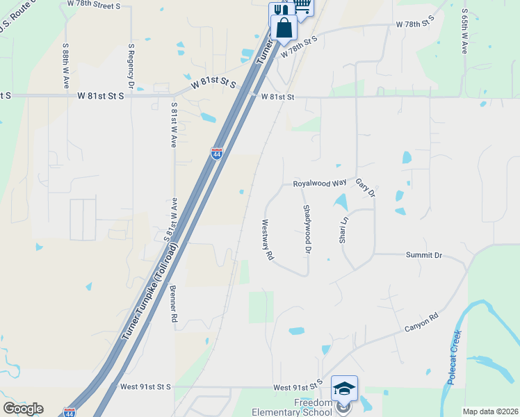 map of restaurants, bars, coffee shops, grocery stores, and more near 8460 Westway Road in Tulsa