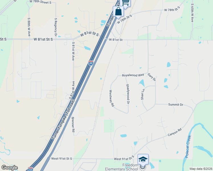 map of restaurants, bars, coffee shops, grocery stores, and more near 8460 Westway Road in Tulsa