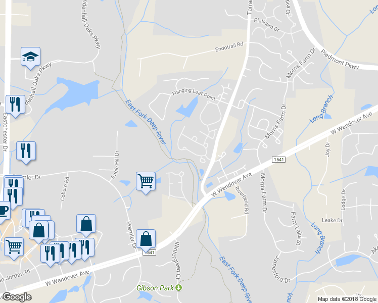 map of restaurants, bars, coffee shops, grocery stores, and more near 3857 Tarrant Trace Circle in High Point