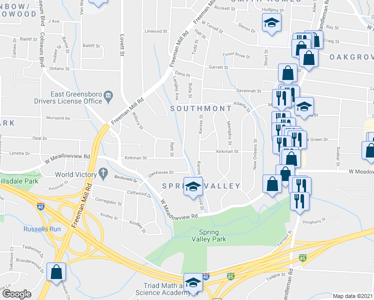 map of restaurants, bars, coffee shops, grocery stores, and more near 2335 Floyd Street in Greensboro