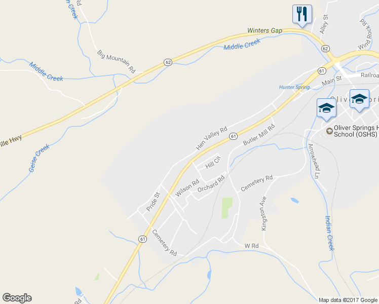 map of restaurants, bars, coffee shops, grocery stores, and more near 678 Hen Valley Road in Oliver Springs