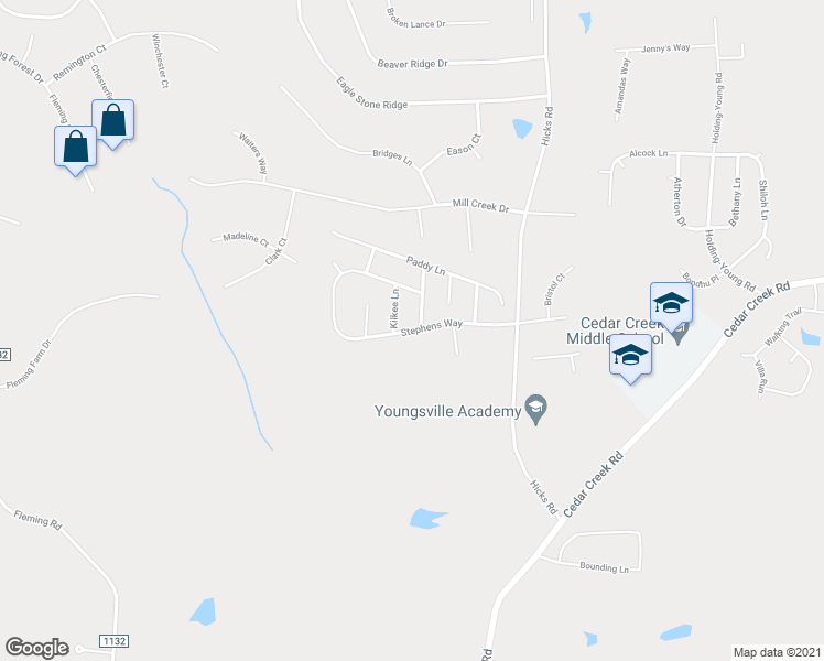 map of restaurants, bars, coffee shops, grocery stores, and more near 215 Stephens Way in Youngsville
