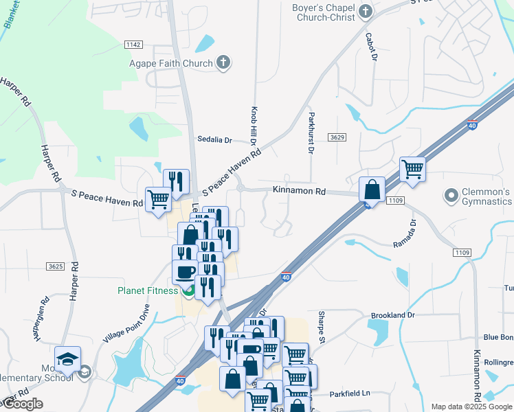 map of restaurants, bars, coffee shops, grocery stores, and more near 2225 Stonecutter Drive in Winston-Salem