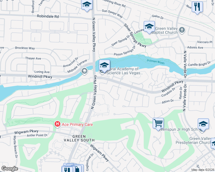 map of restaurants, bars, coffee shops, grocery stores, and more near 192 Adomeit Drive in Henderson