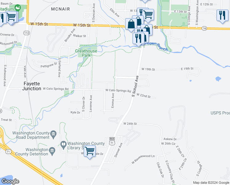 map of restaurants, bars, coffee shops, grocery stores, and more near 2110 Emma Avenue in Fayetteville