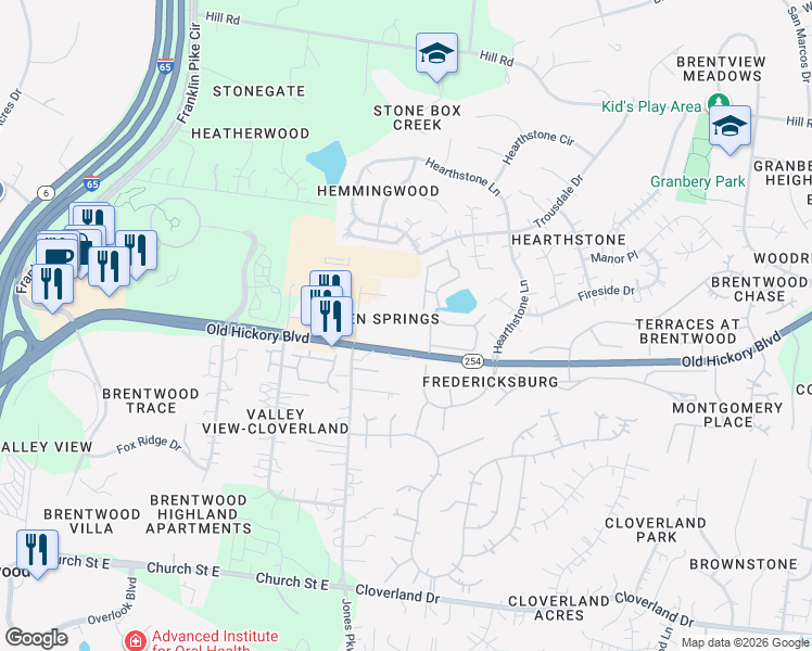 map of restaurants, bars, coffee shops, grocery stores, and more near 309 Seven Springs Way in Brentwood