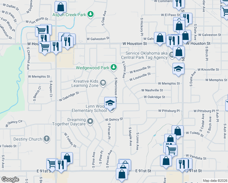 map of restaurants, bars, coffee shops, grocery stores, and more near 1413 South Narcissus Avenue in Broken Arrow