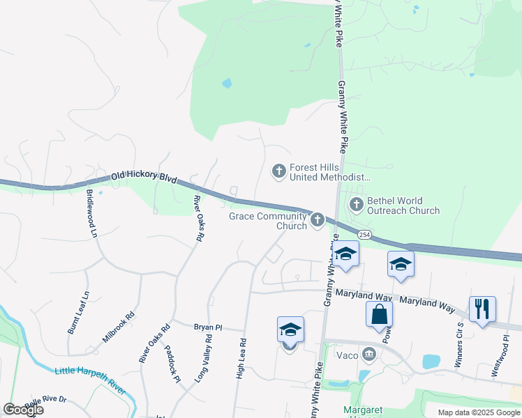 map of restaurants, bars, coffee shops, grocery stores, and more near 1251 Old Hickory Blvd in Brentwood