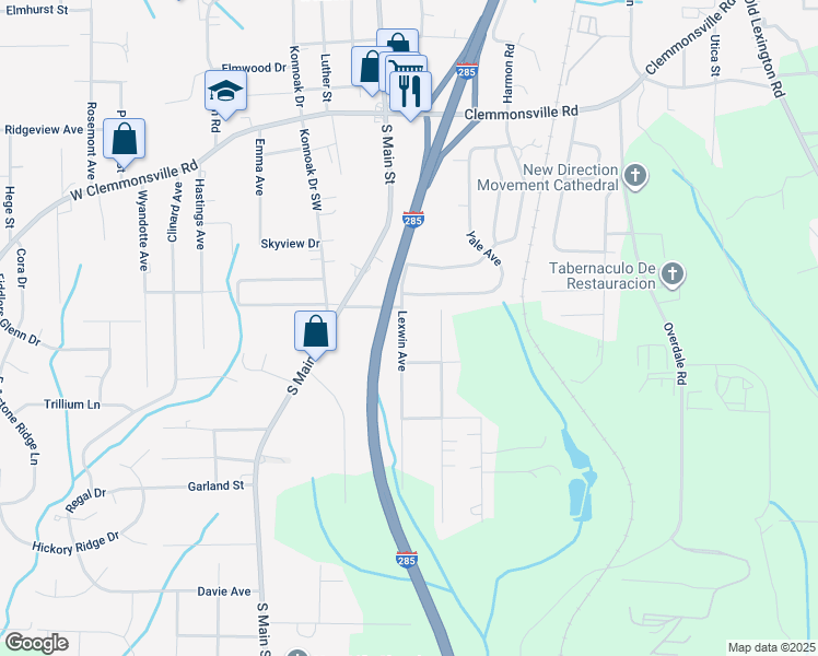 map of restaurants, bars, coffee shops, grocery stores, and more near 3903 Lexwin Avenue in Winston-Salem