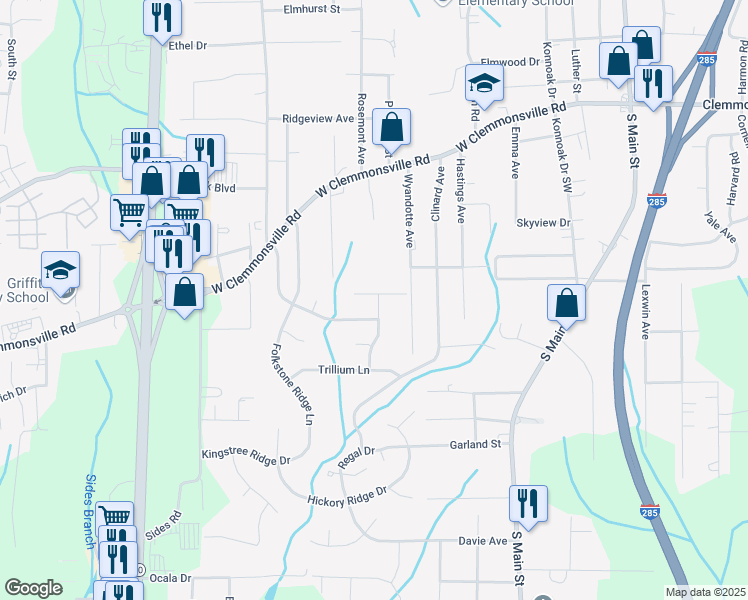 map of restaurants, bars, coffee shops, grocery stores, and more near 851 Orchestra Drive in Winston-Salem