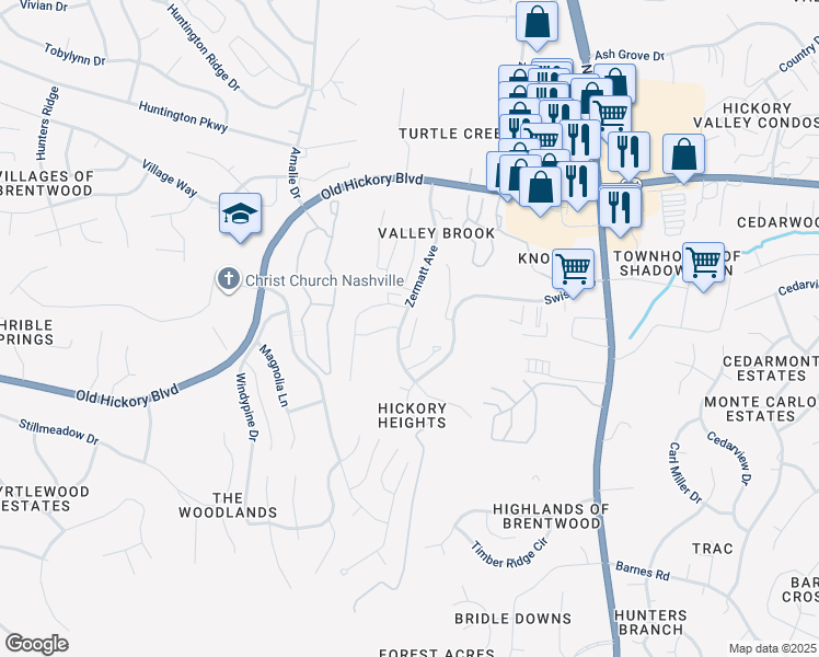 map of restaurants, bars, coffee shops, grocery stores, and more near 2325 Zermatt Avenue in Nashville