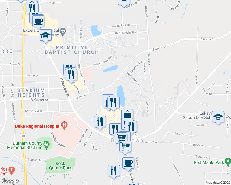 map of restaurants, bars, coffee shops, grocery stores, and more near 221 Commons Boulevard in Durham
