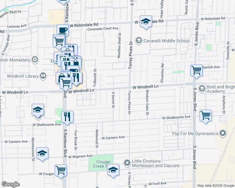 map of restaurants, bars, coffee shops, grocery stores, and more near 8125 Crimson Creek Court in Las Vegas