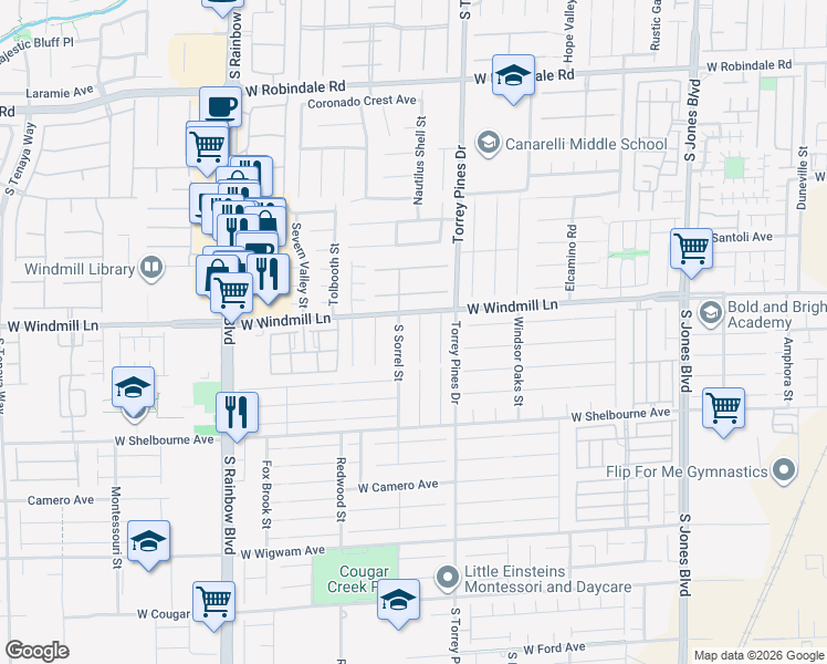 map of restaurants, bars, coffee shops, grocery stores, and more near 8149 Crimson Creek Court in Las Vegas