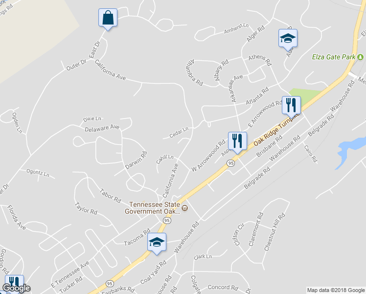 map of restaurants, bars, coffee shops, grocery stores, and more near 123 California Avenue in Oak Ridge