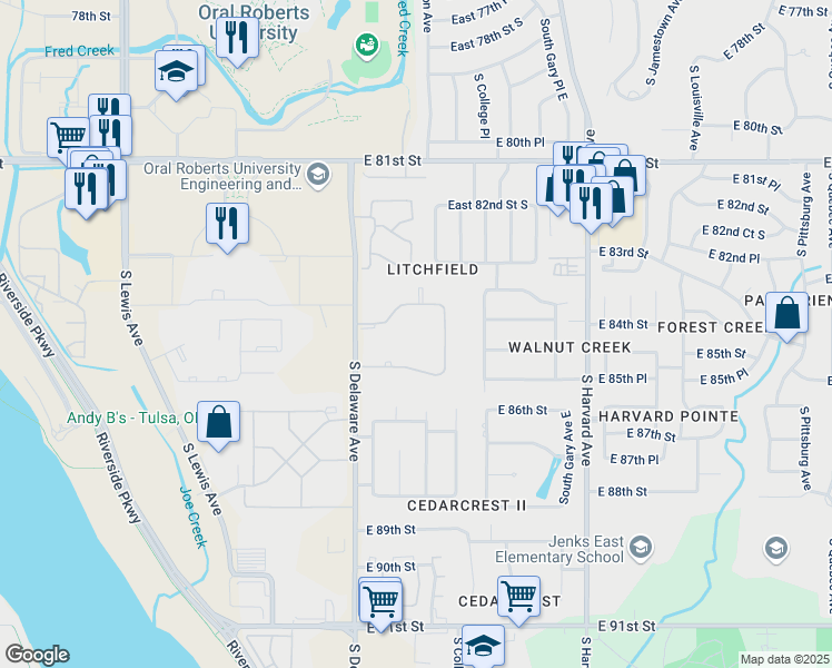 map of restaurants, bars, coffee shops, grocery stores, and more near 8474 South College Avenue in Tulsa