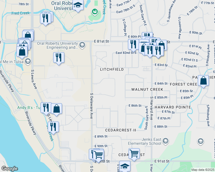 map of restaurants, bars, coffee shops, grocery stores, and more near 8474 South College Avenue in Tulsa