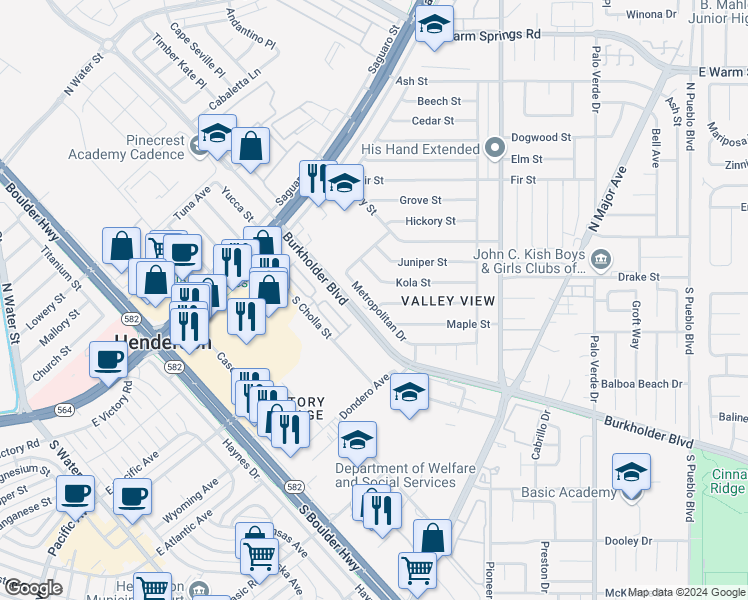 map of restaurants, bars, coffee shops, grocery stores, and more near 100 Metropolitan Drive in Henderson