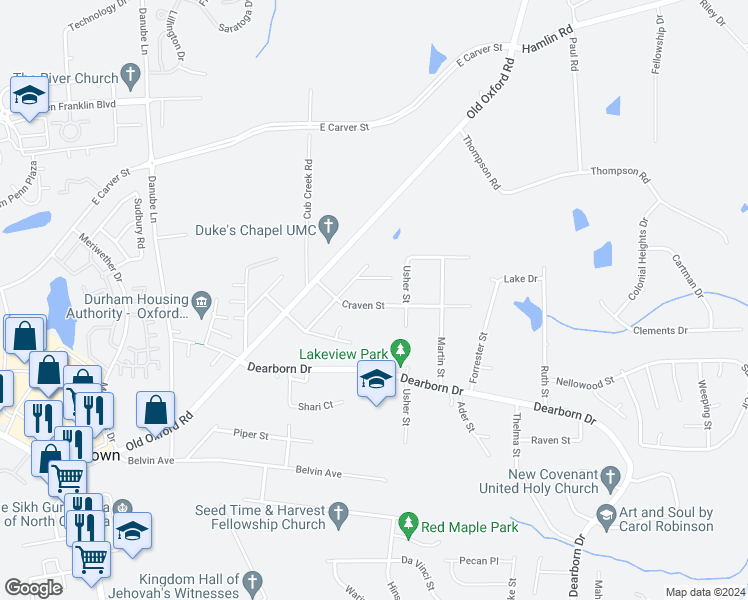 map of restaurants, bars, coffee shops, grocery stores, and more near 429 Craven Street in Durham