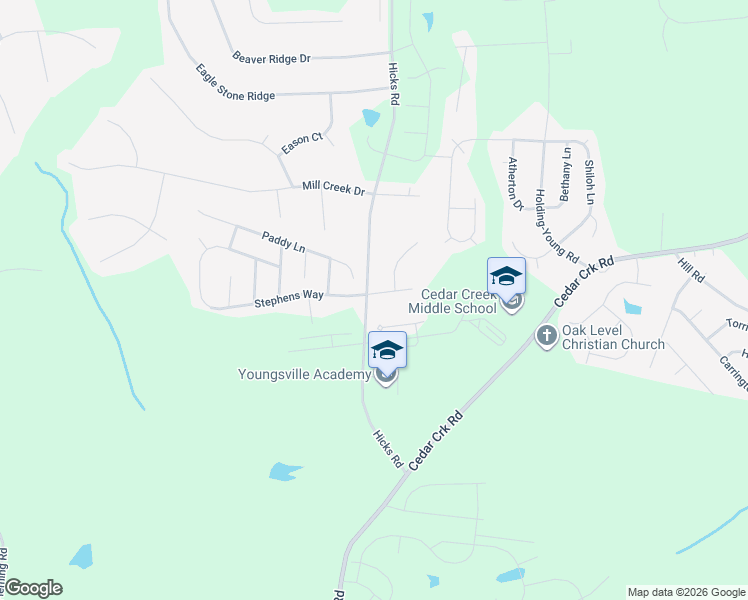 map of restaurants, bars, coffee shops, grocery stores, and more near 100 New Castle Court in Youngsville