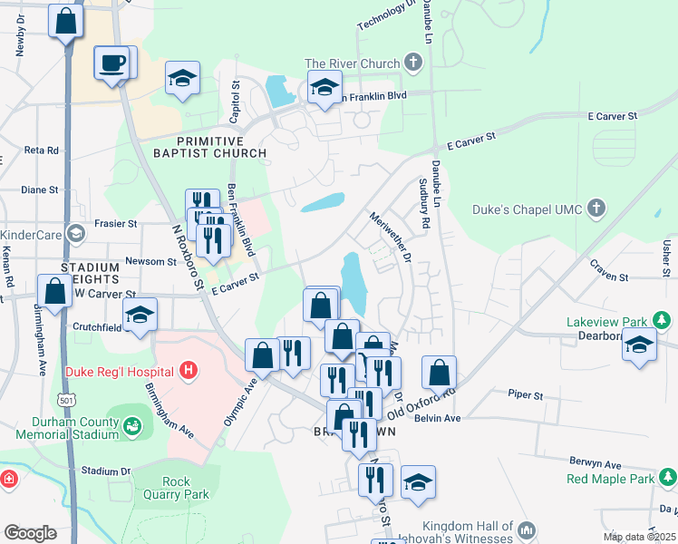 map of restaurants, bars, coffee shops, grocery stores, and more near 221 Commons Boulevard in Durham