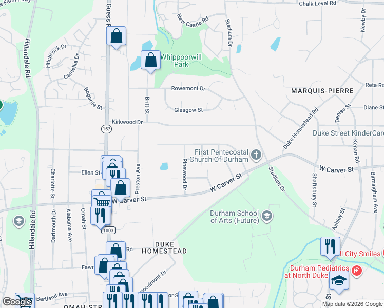 map of restaurants, bars, coffee shops, grocery stores, and more near 2705 Richwood Road in Durham