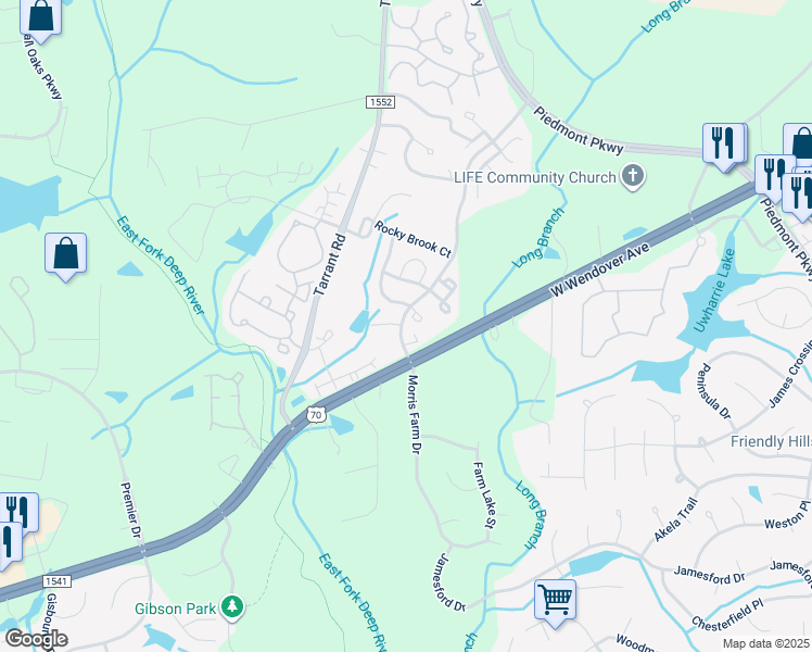 map of restaurants, bars, coffee shops, grocery stores, and more near 3610 Morris Farm Drive in Greensboro