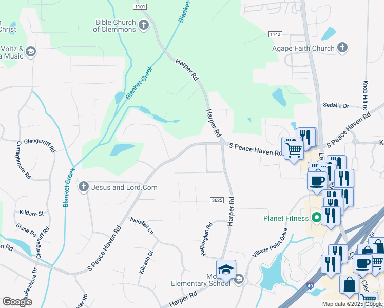 map of restaurants, bars, coffee shops, grocery stores, and more near 1236 South Peace Haven Road in Clemmons