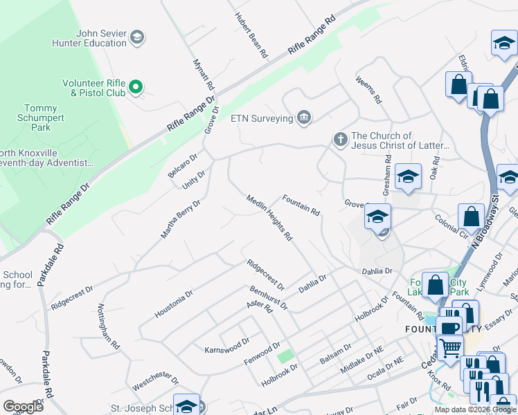 map of restaurants, bars, coffee shops, grocery stores, and more near 5923 Medlin Heights Road in Knoxville